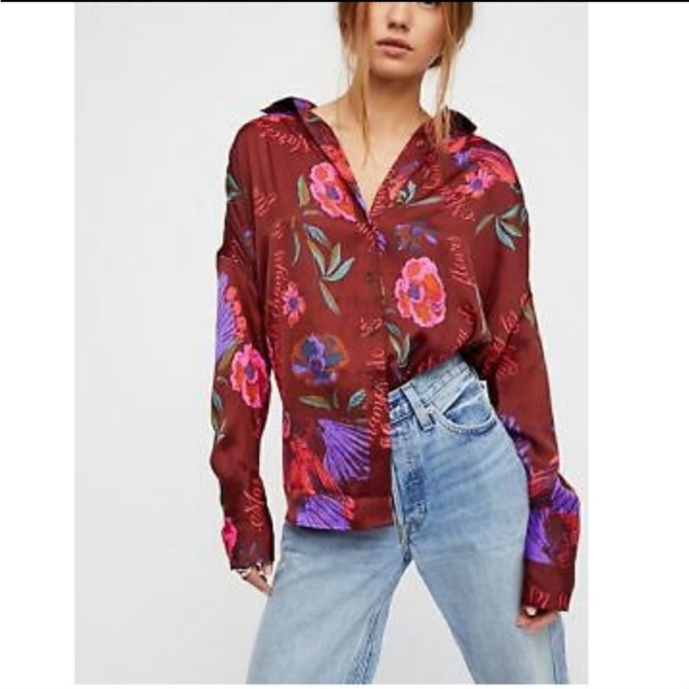 Free People Silky Nights Oversized Button Down Shirt size XS